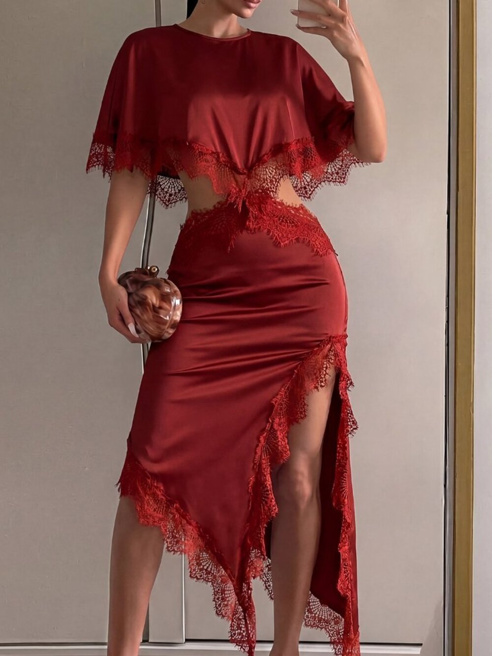 Red Elegant Women's Silk Lace Patchwork Split Thigh High Waisted Pencil Dress